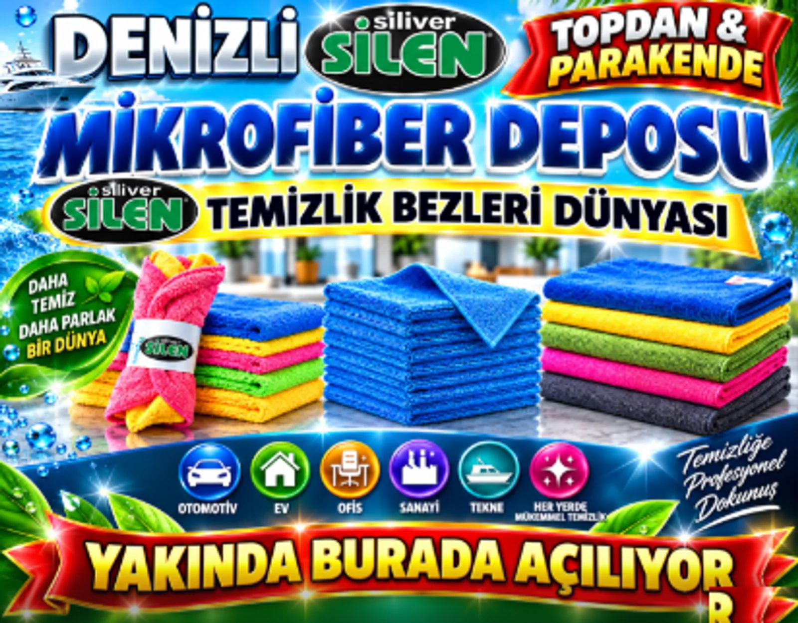 Denizli Silen Mikrofiber Deposu tanıtım afişi: renkli mikrofiber temizlik bezleri, toptan ve perakende, yakında burada açılıyor